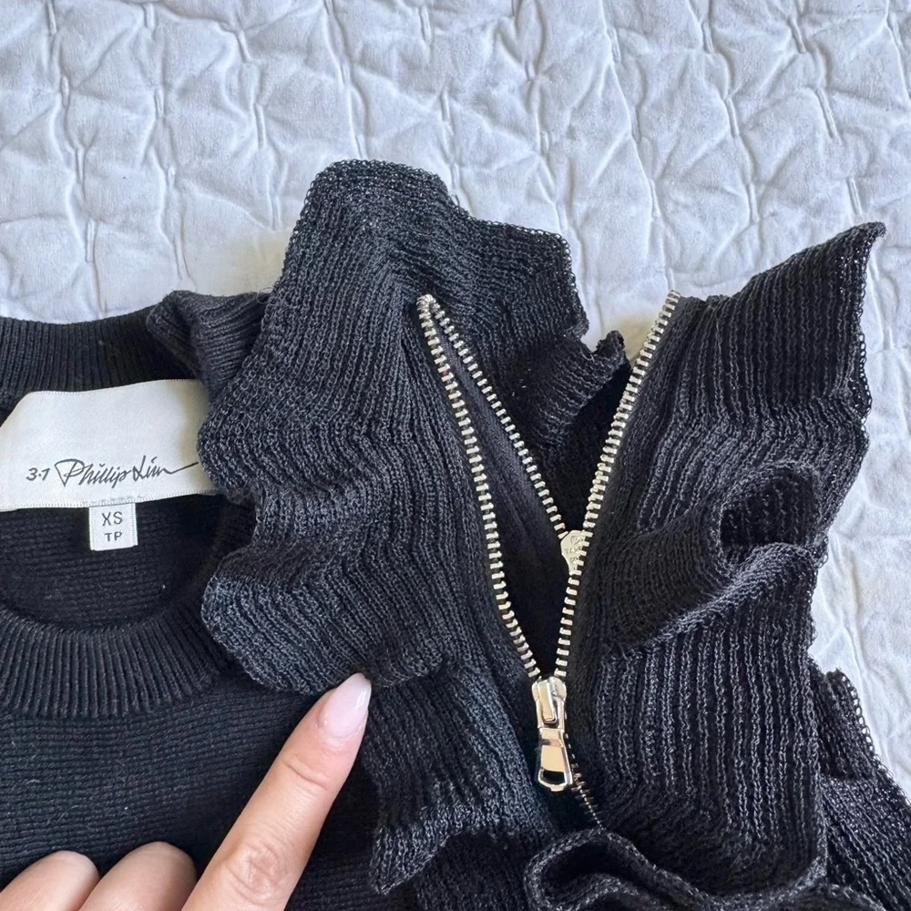 3.1 Phillip Lim Ruffle Knit Crop Top with Ruffle Zipper Detail in Black